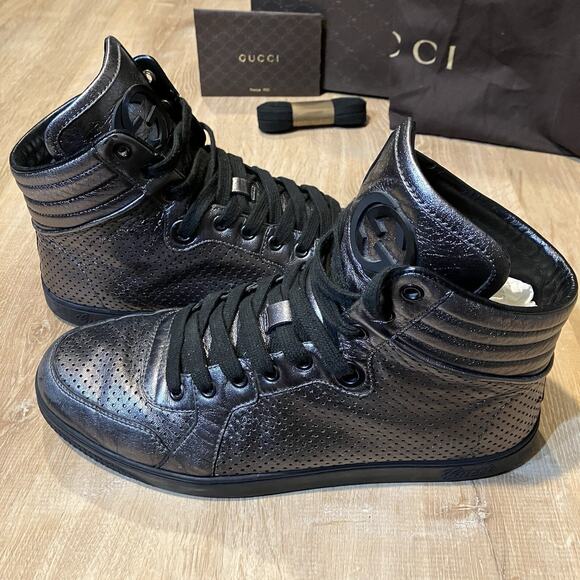GUCCI GG Gray Platinum Metallic High Top Leather Sneakers 322730 Men Size 8.5 - Picture 1 of 12